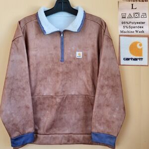 Carhartt Brown Suede-Look Sherpa-Lined Pullover Hoodie with Blue Trim